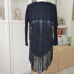VINTAGE HAVANA Black Long Sleeve Faux Leather Fringe Sweater Top - Size Medium